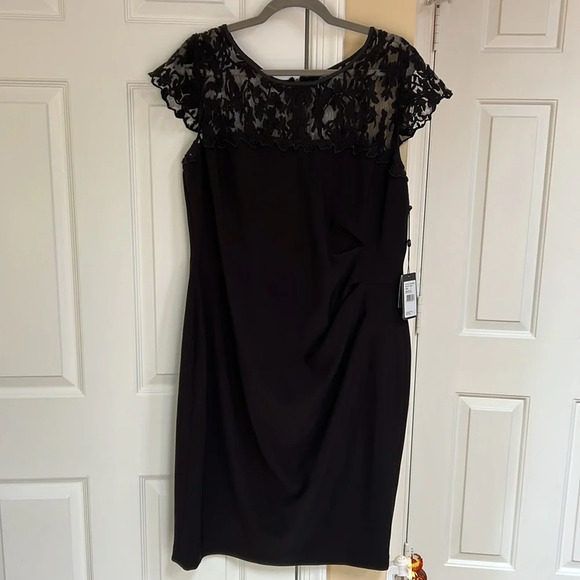 Adrianna Papell Womens Black Lace Ruched Party Cocktail Dress - Picture 2 of 6